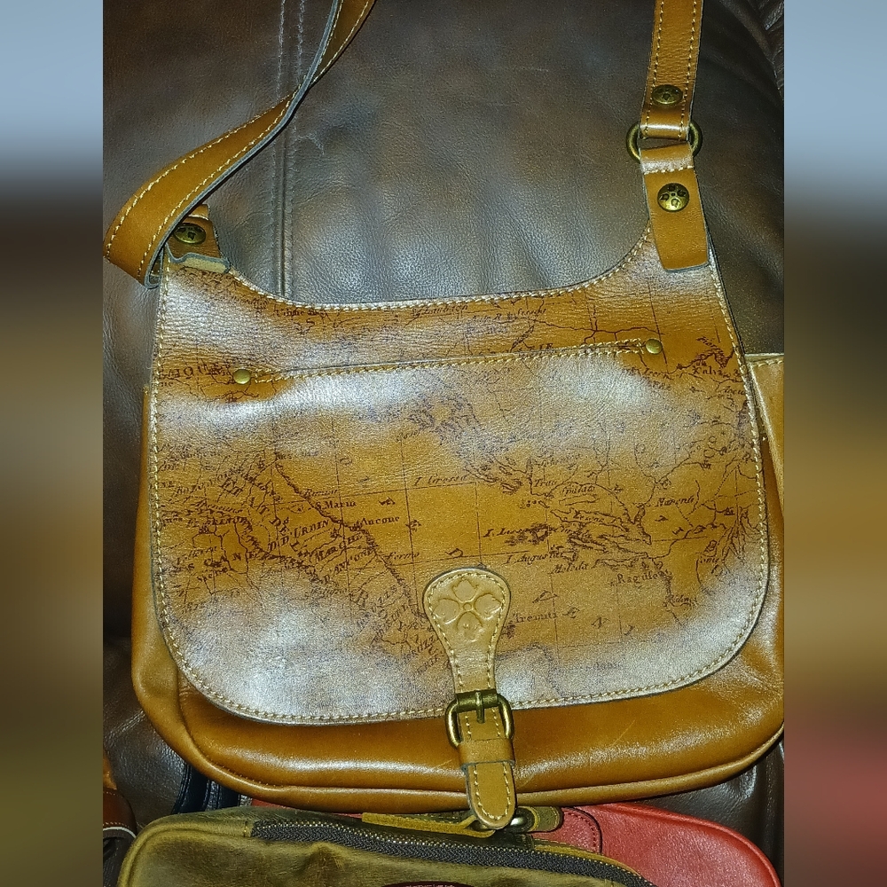 Patricia Nash Map Print Tan Leather Shoulder Bag